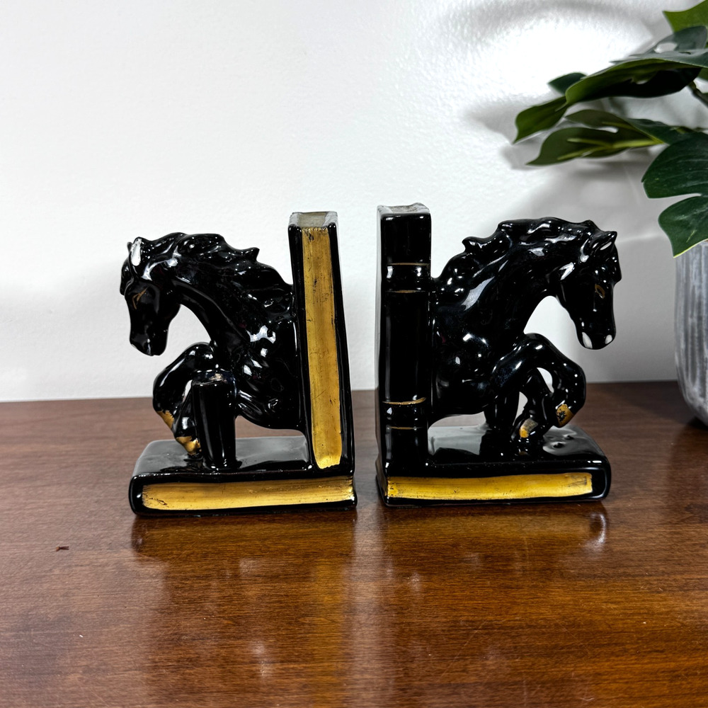 Vintage Black Gold Horse Bookends Japan Pen Holders Desk Accessory